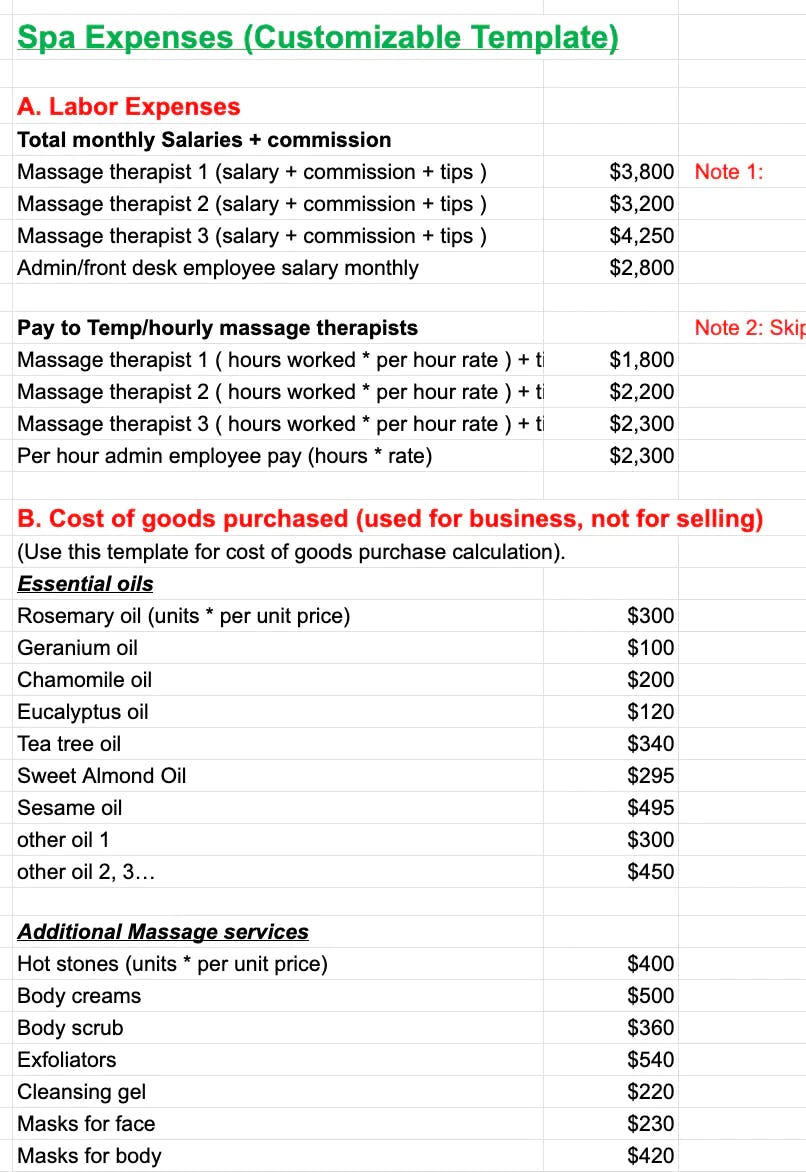  expense sheet for massage therapists and the spa business with a customizable template.